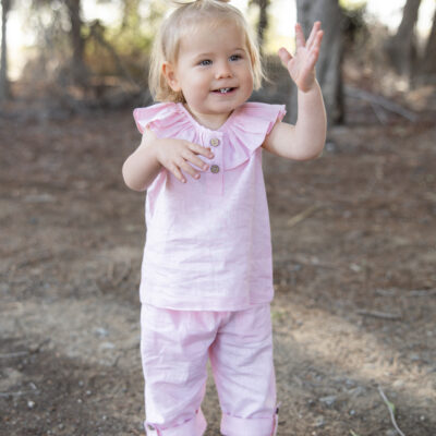 mace and co kids dubai linen frill top and pants two piece set, baby pink colour, perfect for playtime, casual wear and birthday parties