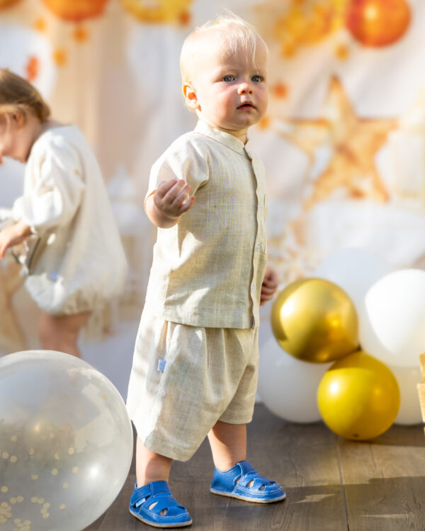 mace and co kids dubai linen shirt and shorts two piece set, for boys, ages 12-18 months, perfect for special occasions, birthday parties and play time.