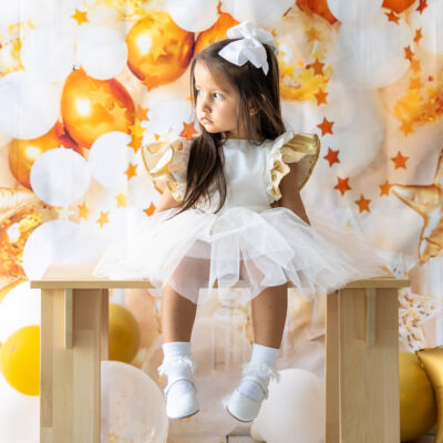 mace and co kids clothing Dubai, white and gold color tulle dress, for girls from infant, toddler. Perfect for birthday parties, special occasions and formal events.