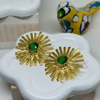 18 K gold plated Sun shaped Earring with A Green Crystal