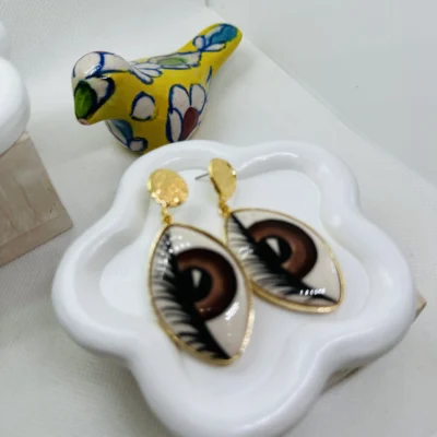 Iris Earrings hand painted Ceramics Brown