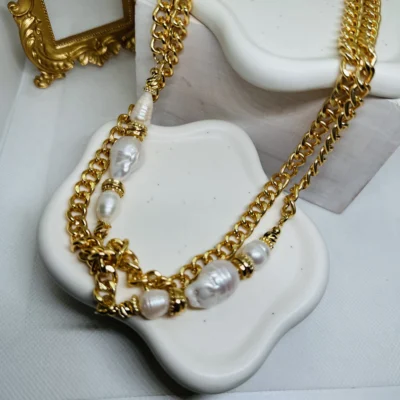 Long Necklace 18 K gold plated with Fresh water Pearls