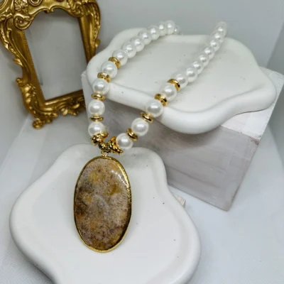 Mustard Colour gate stone on an 18 k Gold plated Necklace made with Fresh water Pearls