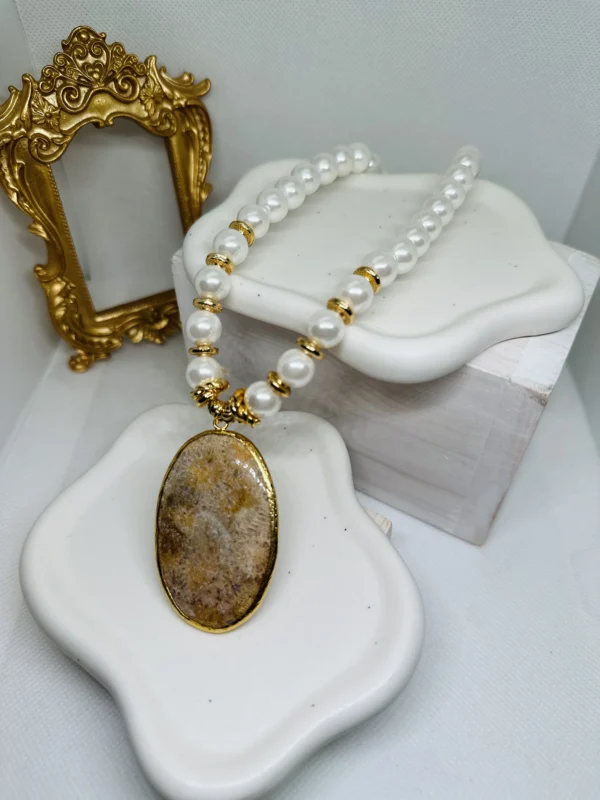 Mustard Colour gate stone on an 18 k Gold plated Necklace made with Fresh water Pearls