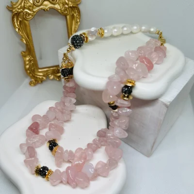 Rose quartz necklace with Fresh water Pearls and 18 K Gold plated Vermeil