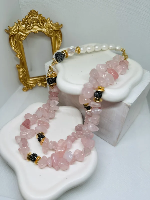 Rose quartz necklace with Fresh water Pearls and 18 K Gold plated Vermeil