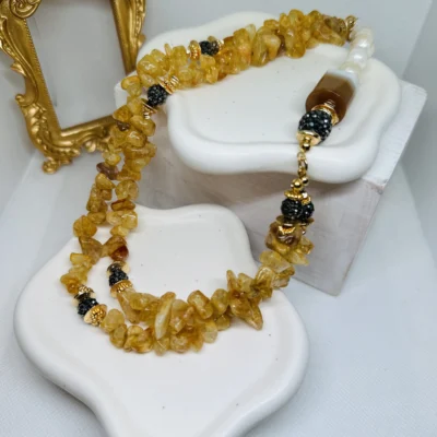 Amber necklace with Fresh water Pearls and 18 K Gold plated Vermeil