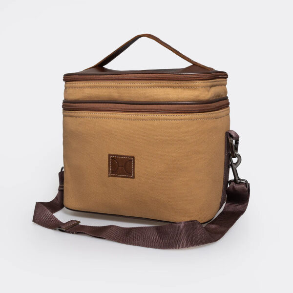 Thandana Double Deck insulated cooler bag in caramel canvas and tobac leather.